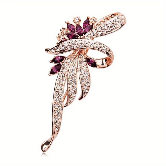 Brooch Romantic Gold-Tone Flower with Rhinestones - Picture 6 of 6